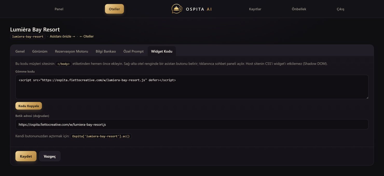 OSPITA AI panelinde Widget Kodu sekmesi — siteye eklenecek gömme kodu